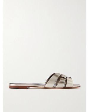 Saint Laurent Tribute Woven Metallic Leather Slides - White