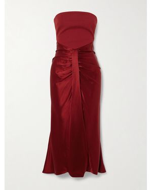 STAUD Wayfaring Strapless Gathered Satin And Ponte Midi Dress