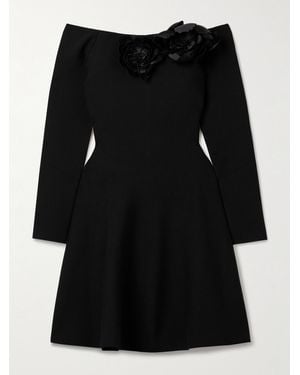 Oscar de la Renta Off-The-Shoulder Embellished Appliquéd Stretch-Jersey Mini Dress - Black