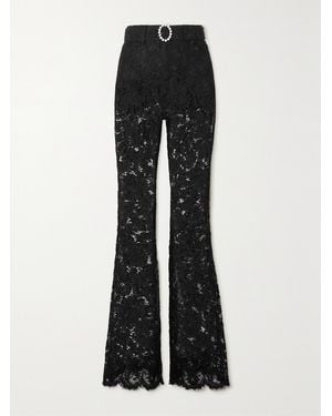 Alessandra Rich Belted Crystal-Embellished Cotton-Blend Lace Flared Pants - Black