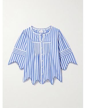 Loretta Caponi Matilde Embroidered Scalloped Striped Cotton Shirt - Blue