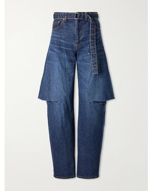 Sacai Belted Cut-Out Mid-Rise Wide-Leg Jeans - Blue