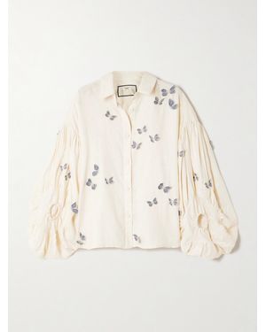 Agua Bendita Agar Caracola Appliquéd Gathered Linen Shirt - Natural