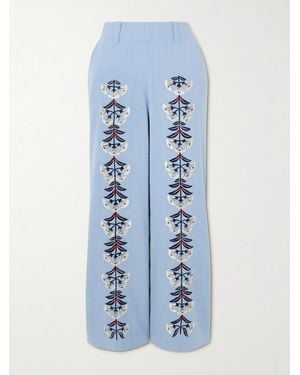 Alix Of Bohemia Charlie Embroidered Slubbed Silk Flared Pants - Blue