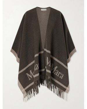 Max Mara Fringed Wool-Jacquard Cape - Gray