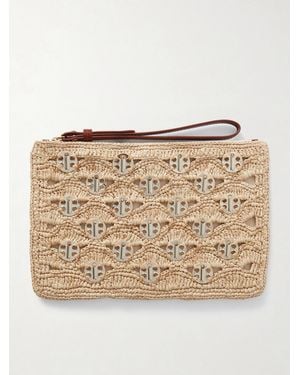Rabanne Leather-Trimmed Chainmail-Embellished Raffia Pouch - Natur