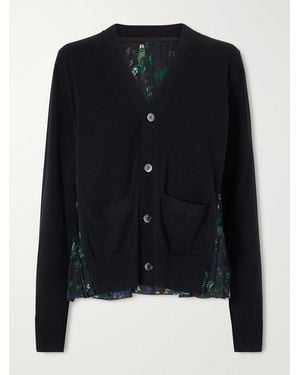 Sacai Layered Floral-Print Mesh-Trimmed Cotton Cardigan - Black