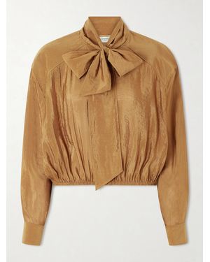Saint Laurent Pussy-Bow Crinkled Taffeta Shirt - Brown
