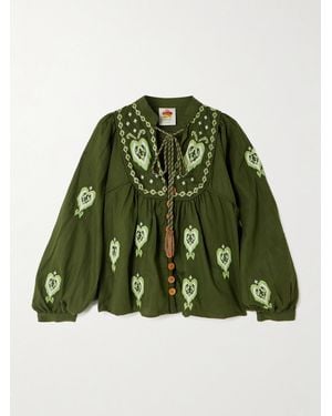 FARM Rio Embellished Embroidered Linen-Blend Blouse - Green