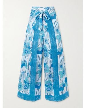 Loretta Caponi Alexis Layered Lace-Trimmed Floral-Print Cotton-Voile Wide-Leg Pants - Blue