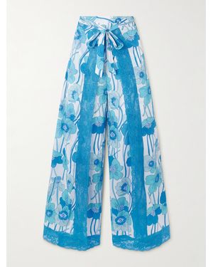 Loretta Caponi Alexis Layered Lace-Trimmed Floral-Print Cotton-Voile Wide-Leg Pants - Blue