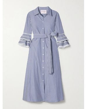 Carolina Herrera Belted Guipure Lace-Trimmed Striped Cotton-Poplin Midi Shirt Dress - Blue