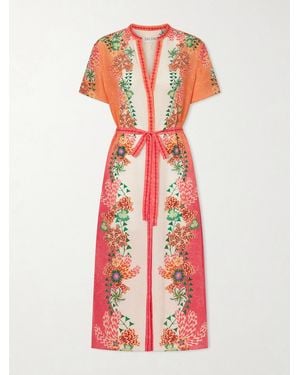 Saloni Vicki Belted Floral-Print Silk Midi Dress - Red