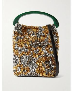 Dries Van Noten Leather-Trimmed Embellished Satin-Crepe Shoulder Bag - Black