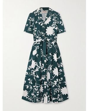 Emporio Sirenuse Claudia Belted Pleated Floral-Print Cotton Midi Dress - Blue