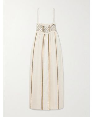 Alix Of Bohemia Eden Frayed Embellished Striped Cotton-Blend Gauze Midi Dress - Natural