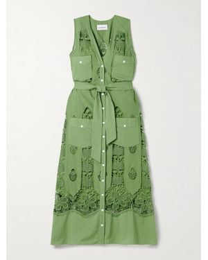 Miguelina Robe Midi En Voile De Coton Et En Dentelle À Broderies Et À Ceinture Alexia - Vert