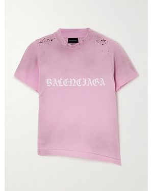 Balenciaga Cropped Distressed Logo-Print Stretch-Cotton Jersey T-Shirt - Pink