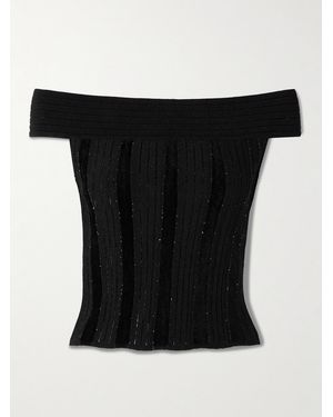 Balmain Off-The-Shoulder Glittered Velvet And Ribbed-Knit Top - Black