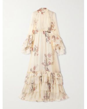 Etro Tiered Tie-Neck Floral-Print Silk-Crepon Maxi Dress - Natural