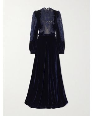 Costarellos Belted Lace-Paneled Velvet Gown - Blue