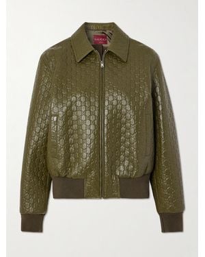 Gucci Monogram Two-Welt-Pockets Relaxed-Fit Leather Jacket - Green