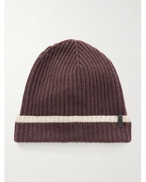 Brunello Cucinelli Embellished Striped Ribbed Cashmere Beanie - Red