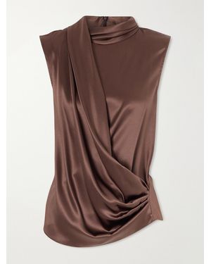 Brunello Cucinelli Wrap-Effect Sleeveless Draped Silk-Blend Satin Blouse - Brown