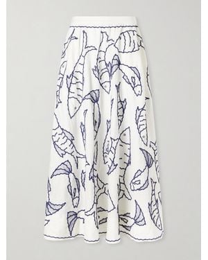 FARM Rio Fresh Fish Embroidered Linen-Blend Midi Skirt - White