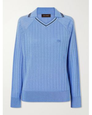 Wales Bonner Roots Logo-Embroidered Striped Polo Shirt - Blue