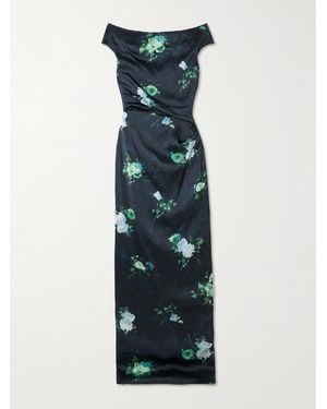 Erdem Off-The-Shoulder Gathered Floral-Print Satin Gown - Blue