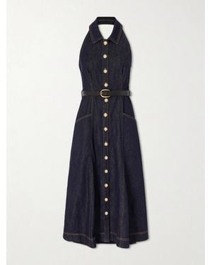 Self-Portrait Belted Halterneck Denim Midi Dress - Blue