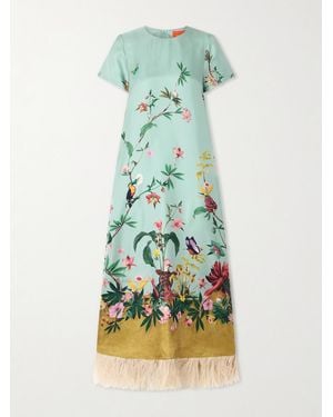 La DoubleJ Swing Feather-Trimmed Printed Silk-Twill Maxi Dress - Blue