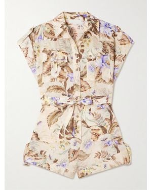Zimmermann Coco Belted Printed Linen Playsuit - Natural
