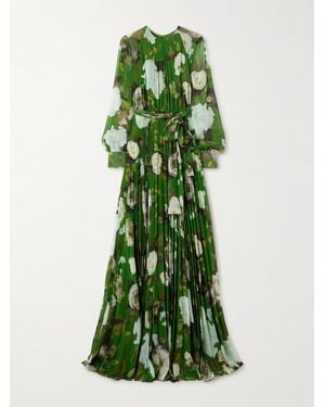 Erdem Belted Pleated Floral-Print Crepe De Chine Gown - Green