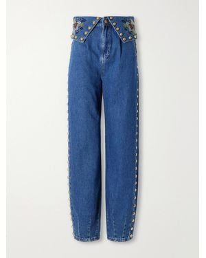 FARM Rio Studded Embroidered Mid-Rise Straight-Leg Jeans - Blue
