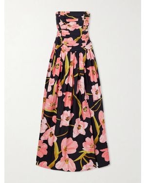 Cara Cara Montreal Strapless Pleated Floral-Print Cotton-Poplin Maxi Dress - White