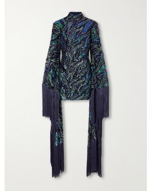 Taller Marmo Disco Dragon Sequin-Embellished Fringe-Trimmed Mesh Mini Dress - Blue