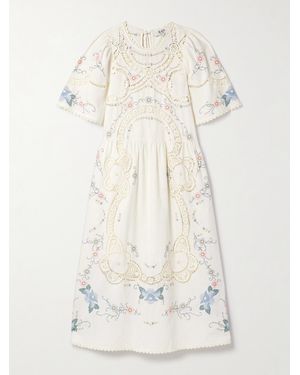 Sea Vesna Midikleid Aus Einer Bestickten Baumwoll-Leinenmischung Mit Lochstickerei - Natur