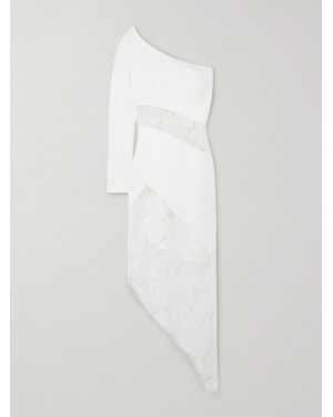 Rasario Asymmetric One-Sleeve Lace-Paneled Crepe Midi Dress - White