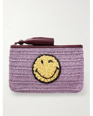 Anya Hindmarch Wink Tasselled Leather-Trimmed Raffia Clutch Bag - Purple