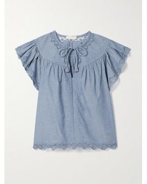 Ulla Johnson Effie Bluse Aus Baumwoll-Chambray Mit Mesh-Besätzen Und Stickereien - Blau