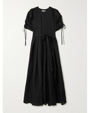 Gabriela Hearst Linnea Belted Ruched Pleated Linen Midi Shirt Dress - Black