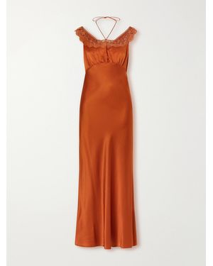 Miguelina Crochet-Trimmed Silk-Blend Charmeuse Halterneck Maxi Dress - Orange