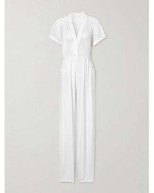 Norma Kamali Geralyn Belted Paneled Jersey And Mesh Jumpsuit - White