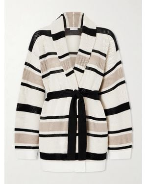 Brunello Cucinelli Belted Open-Knit Striped Cotton Cardigan - Grey