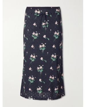 BERNADETTE Katia Floral-Print Pointelle-Knit Silk, Wool And Cashmere-Blend Knee-Length Skirt - Blue