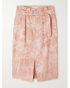Dries Van Noten Belted Pleated Linen-Blend Jacquard Skirt - Pink