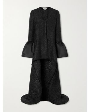 McQueen Asymmetric Satin-Trimmed Metallic Long Coat - Black