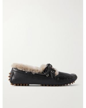 Brunello Cucinelli Bead-Embellished Shearling-Lined Leather Boat Shoes - Black